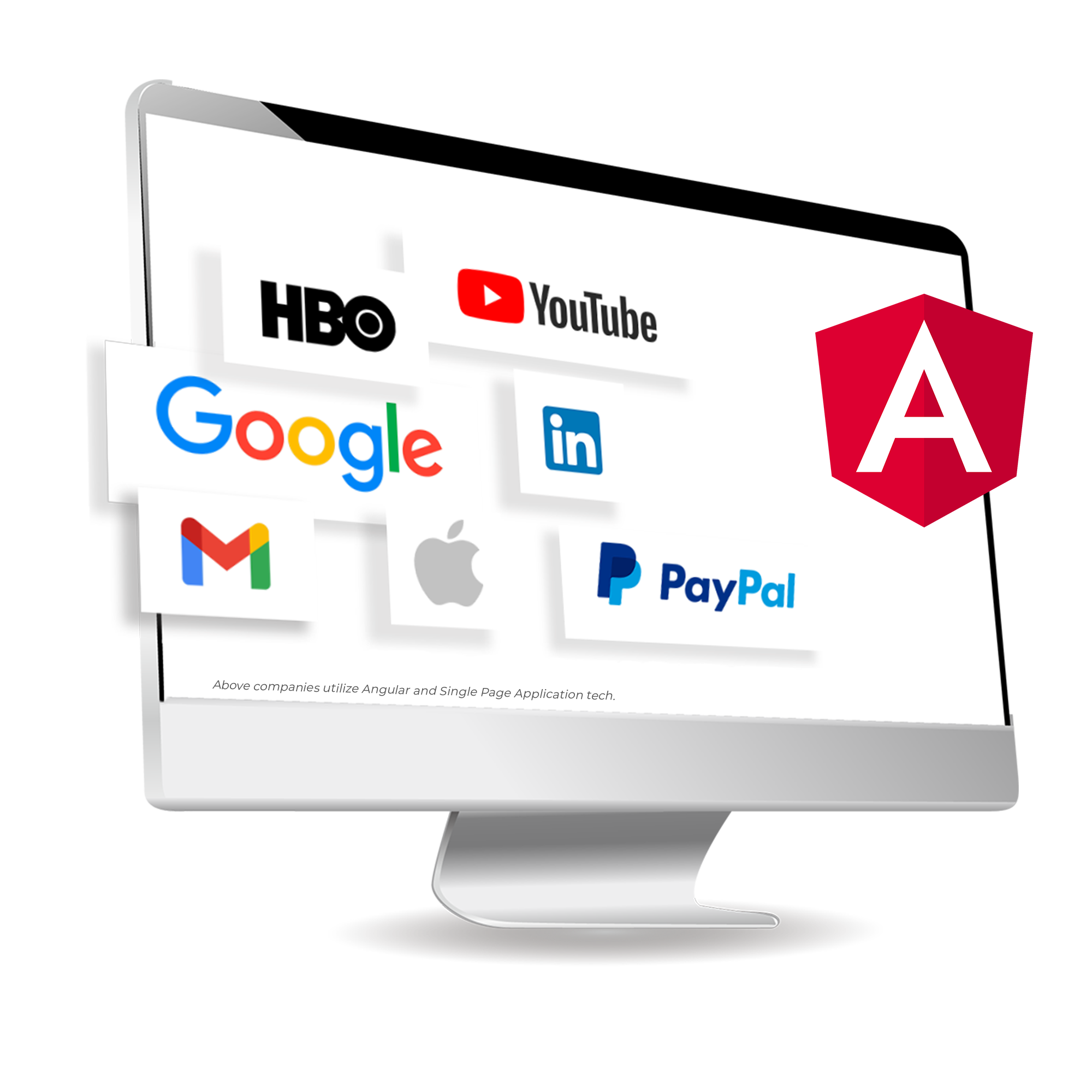 iMac with big Angular logo and Companies utilize Angular and SPA technologies