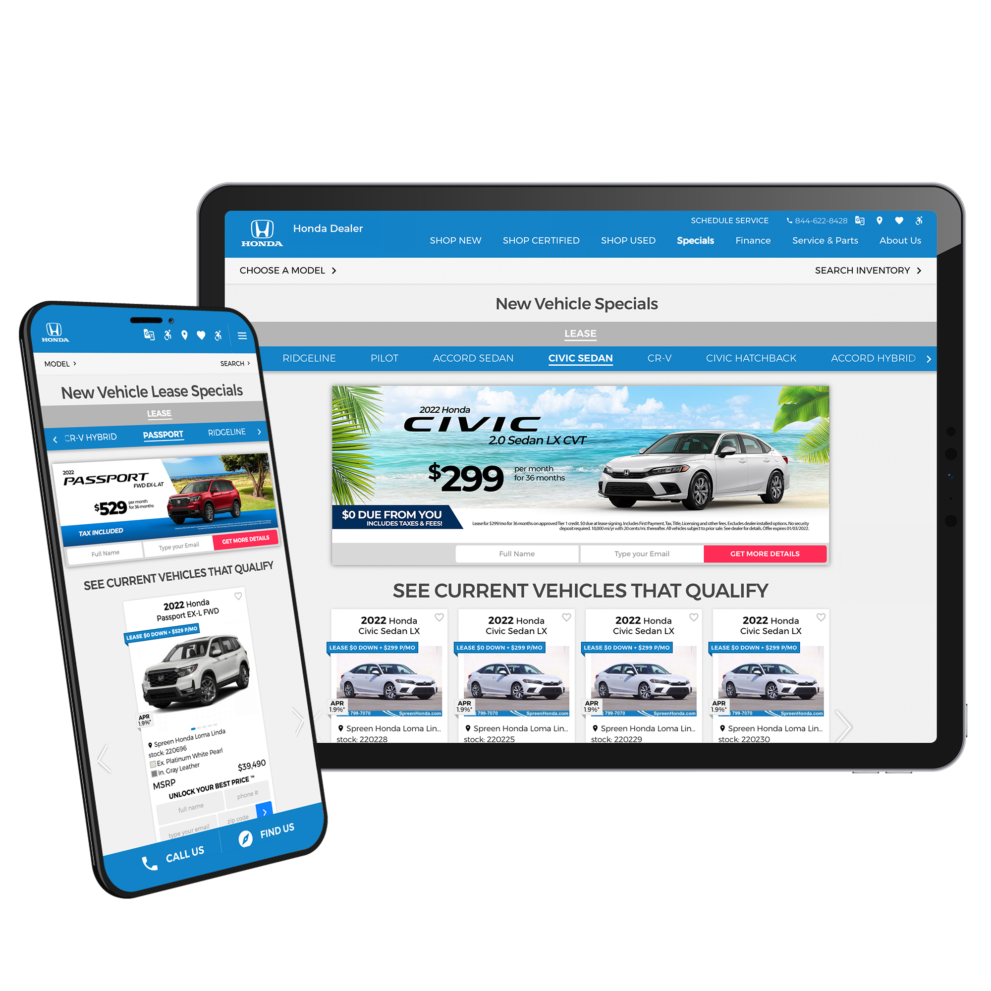 Smartphone and tablet with the Nabthat dealer’s website showing Honda’s New Vehicle Specials